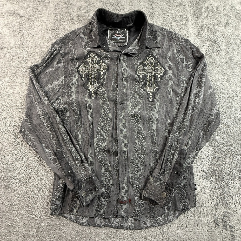 Y2K Fender Custom Cross Shirt Rock & Religion Gray Mens M Cross Embroidery